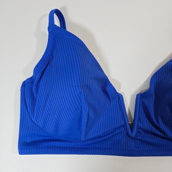 M Shade & Shore Blue V Ribbed Swim Top Bra Womens Size 36D Boning Removable Pads - Picture 2 of 10